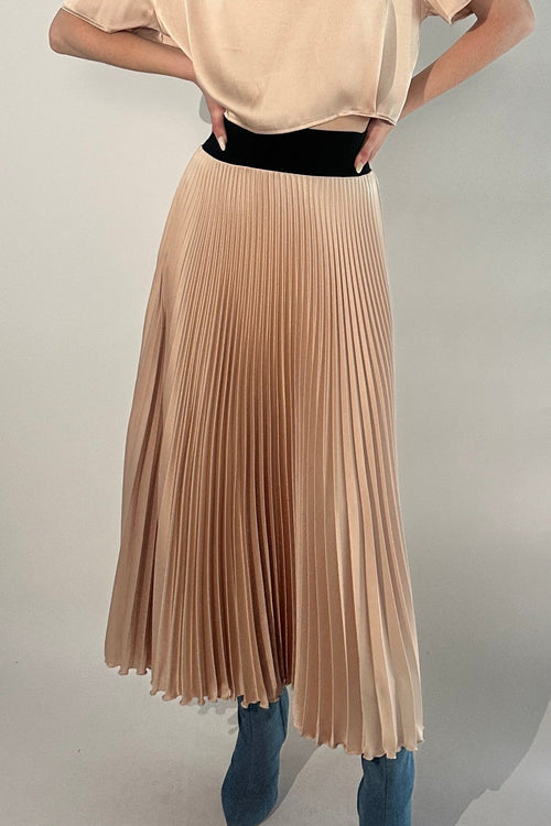 CLASSIC SATIN MIDI SKIRT IN TAUPE