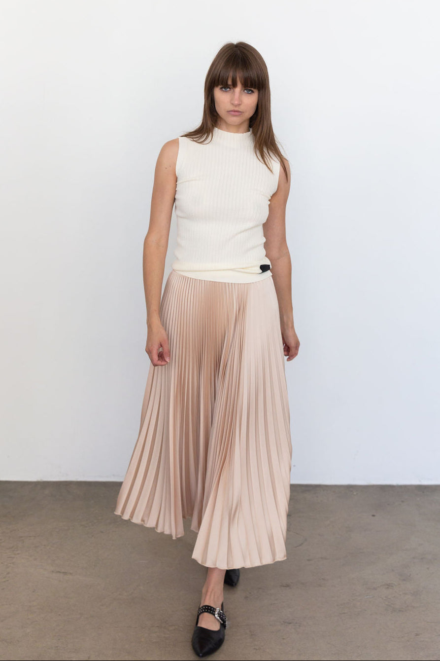 CLASSIC SATIN MIDI SKIRT IN TAUPE