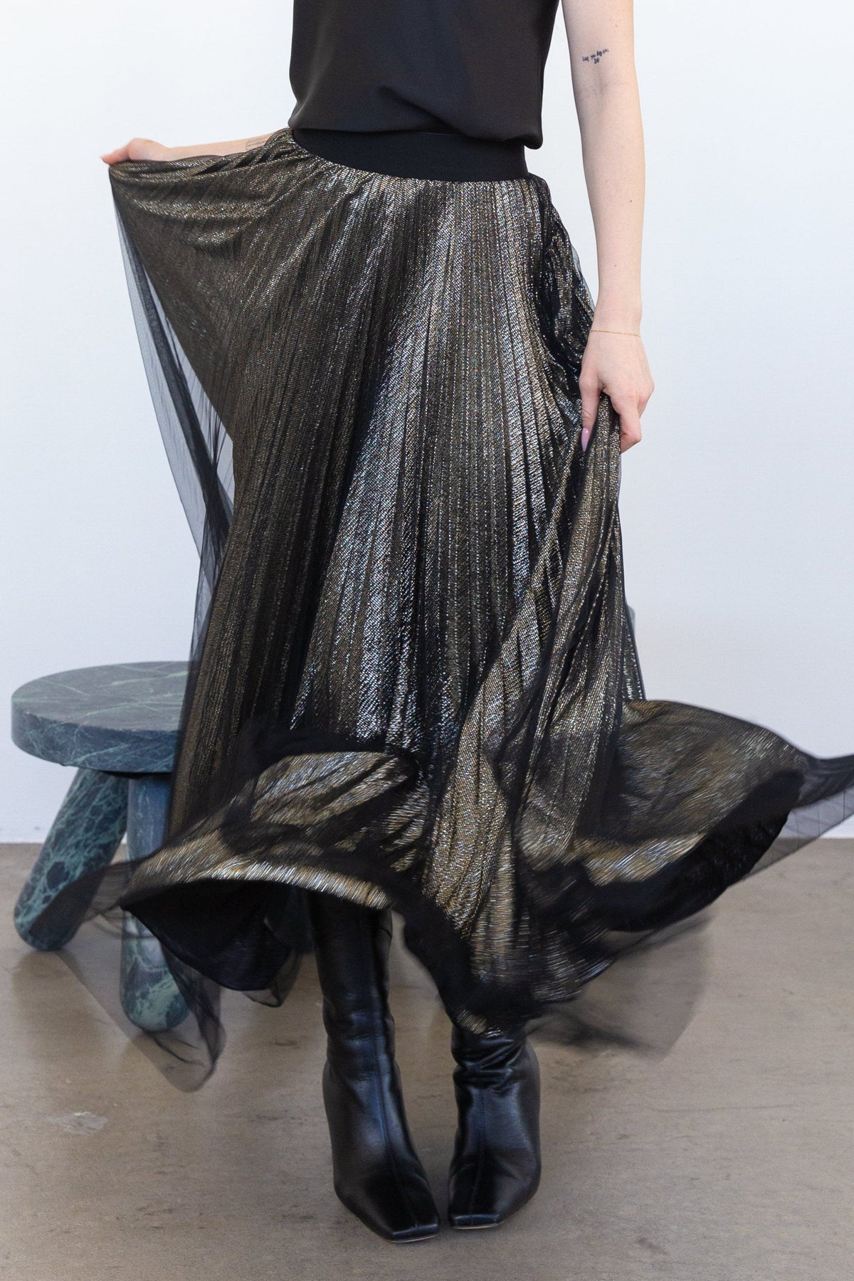 METALLIC PLEAT SKIRT GUNMETAL WITH MESH OVERLAY