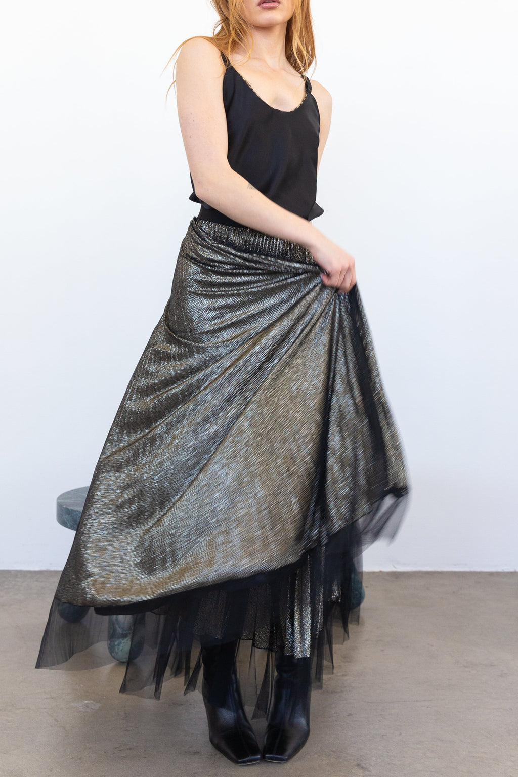 METALLIC PLEAT SKIRT GUNMETAL WITH MESH OVERLAY