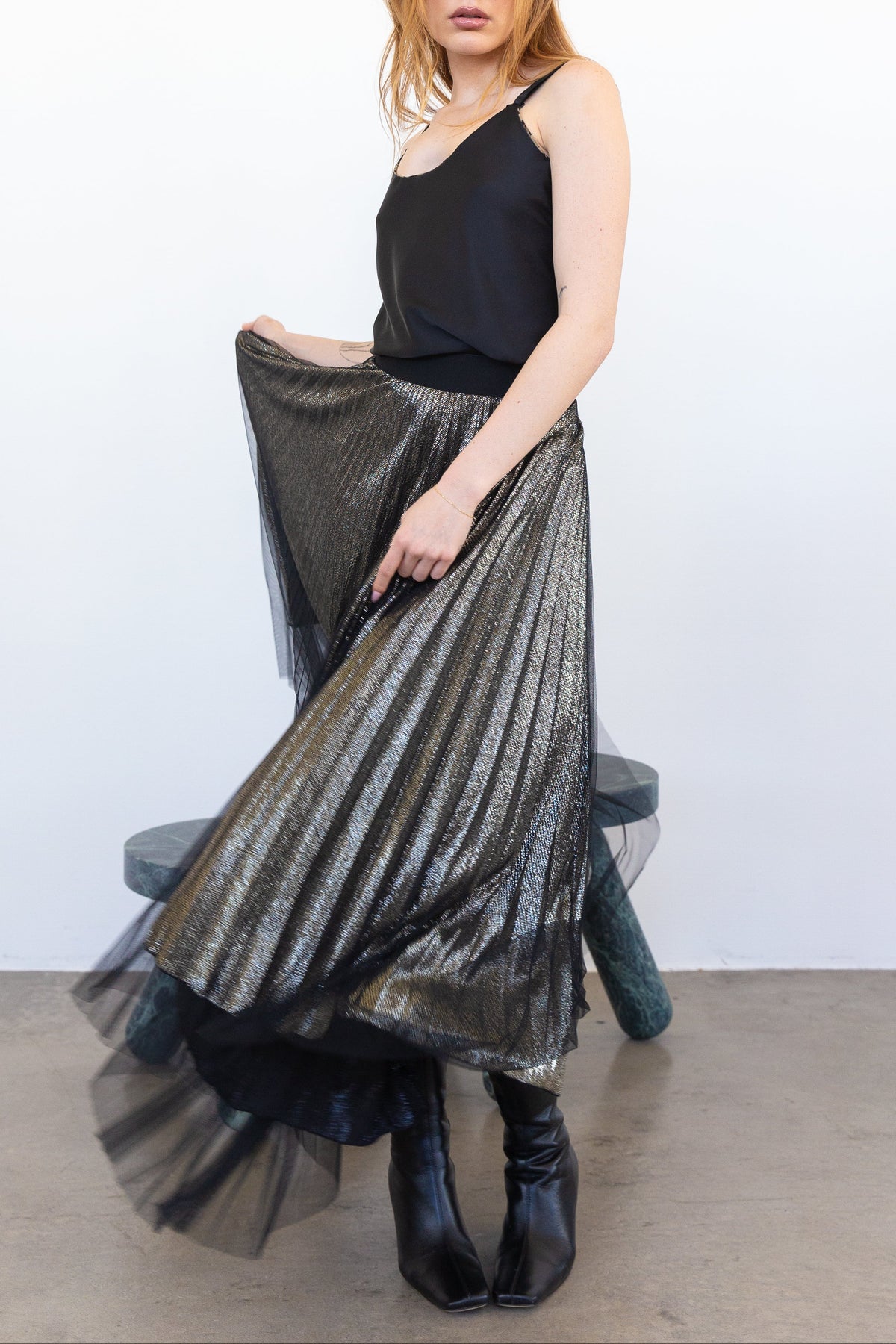 METALLIC PLEAT SKIRT GUNMETAL WITH MESH OVERLAY