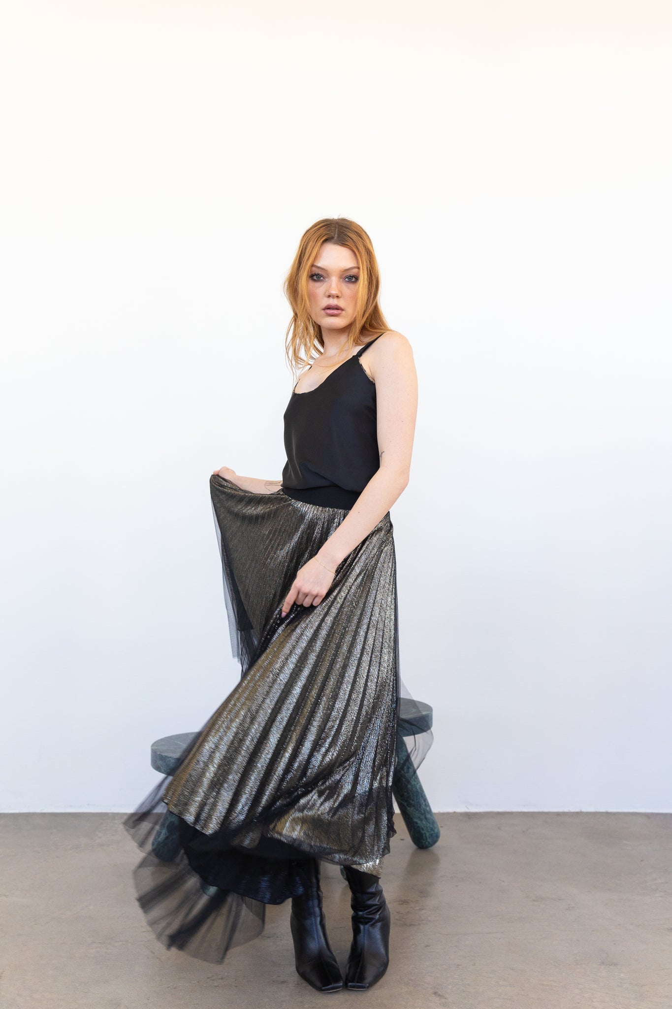 metallic pleat skirt gold with overlay SOLD OUT