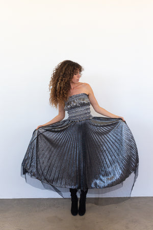 metallic pleat skirt silver with overlay  SOLD OUT