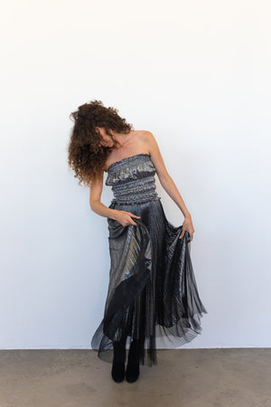 metallic pleat skirt silver with overlay  SOLD OUT