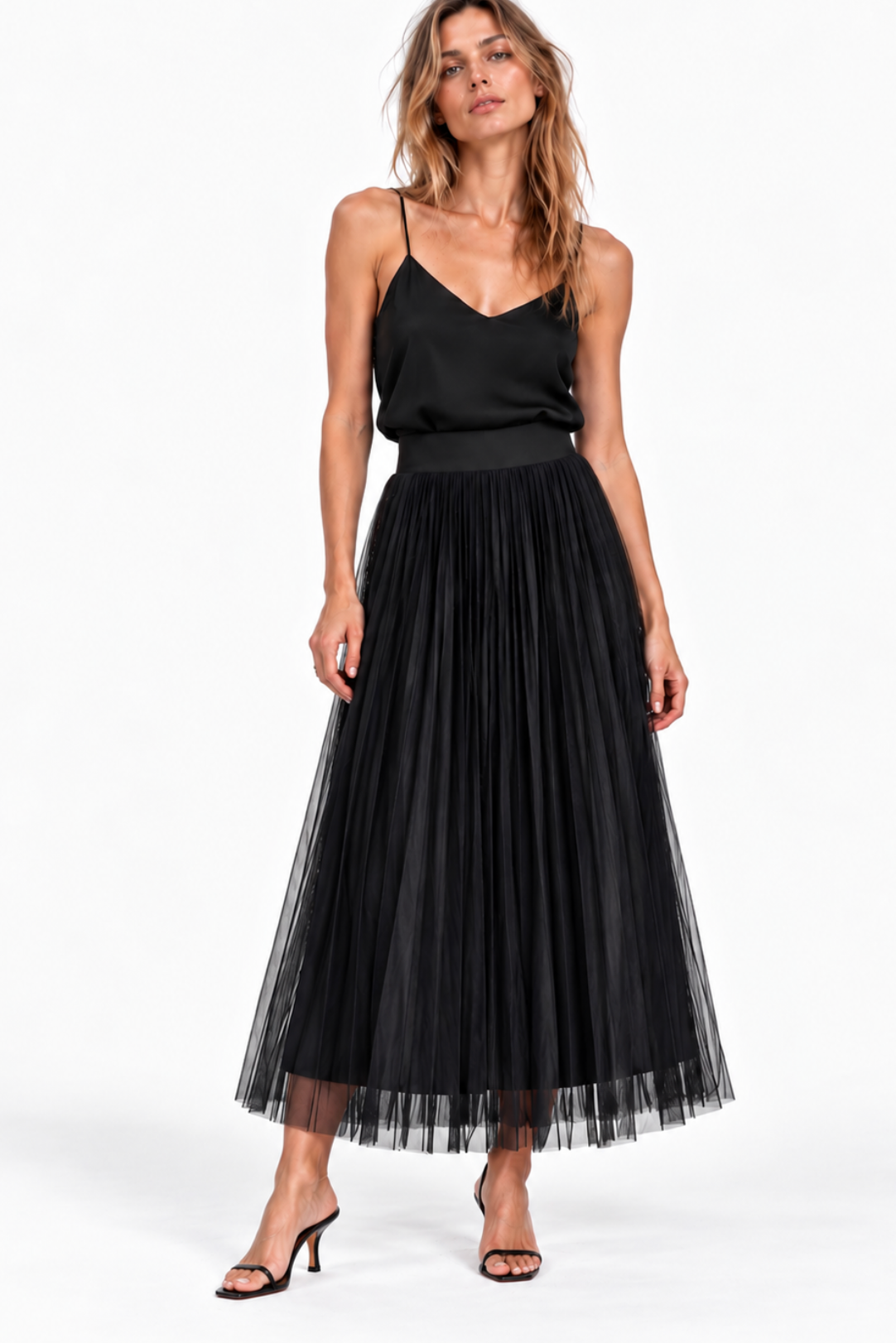 SATIN MESH OVERLAY SKIRT ALL BLACK